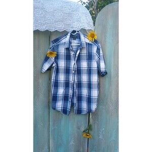 Eddie Bauer Short Sleeve Guide Shirt L Gray Blue White Plaid Ultra Lightweight